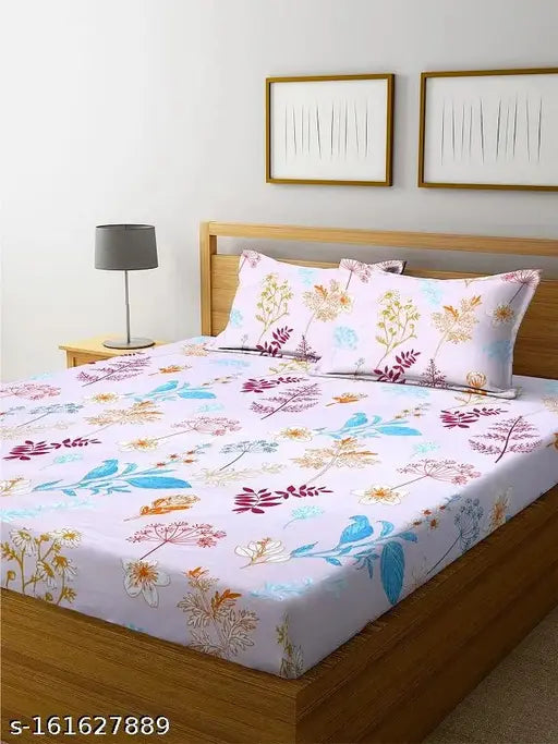 Double fitted bedsheet set, white cotton, floral design, 2 pillow covers.