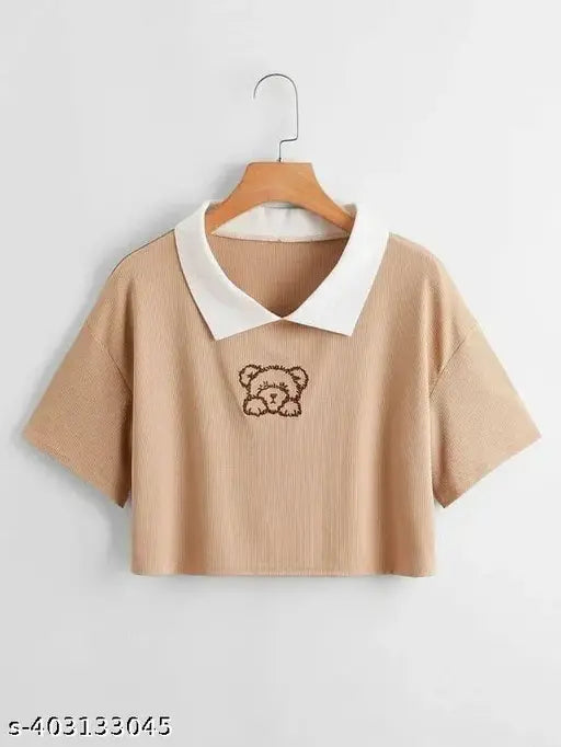 Korean Style Collar Style Cotton Blend Crop Top, half sleeves women's tunic for ladies and girls, printed net pattern