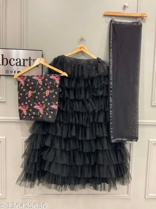 Trendy ruffle net lehenga-choli set, embroidered top with solid dupatta, semi-stitched (38in waist, 41in length), lined and zipped, Indian designer collection
