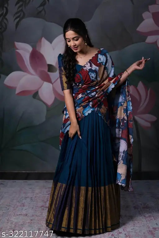 Trendy traditional semi-stitched art silk half saree for women, embroidered choli and solid dupatta, Indian origin, ready to ship