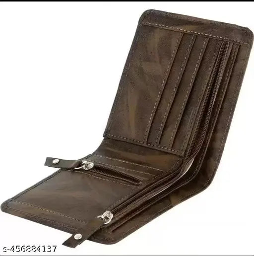 Brown faux leather men's formal wallet, 2 zip compartments, 5 card slots