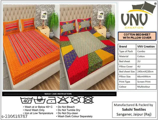 Multicolor 2/4 Pk Cotton Bed Sheet with Pillow Cover, 240cm x 200cm, VNV Creation