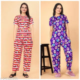Premium quality pack of 2 women's printed night suits, polycotton, short-sleeved pajamas with t-shirt and pyjama styles. Available in S-XXL sizes. Indian-made