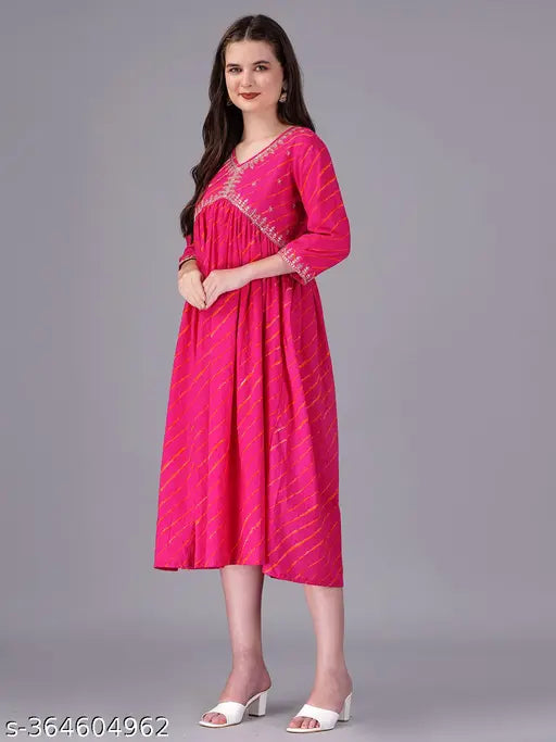 Red cotton blend Anarkali kurta with animal print dyed/washed combo, three-quarter sleeves for women, India origin