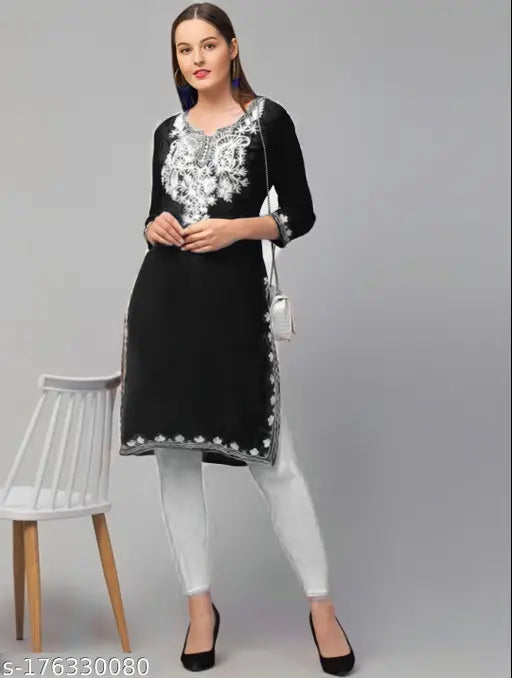 Black ari panelled women's kurta, long sleeves, high neck