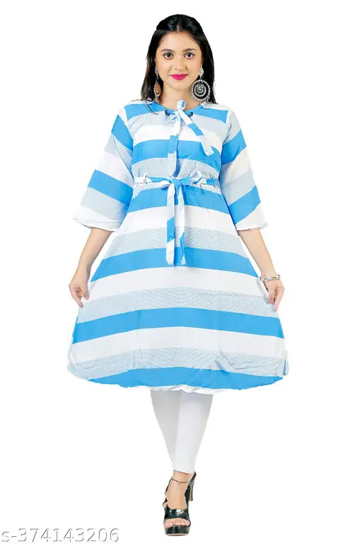Rayon striped quarter-sleeve girls' kurtis from Cutiepie Stylus, for sizes 13-16 and free size with 33-38in top bust and lengths up to 43in