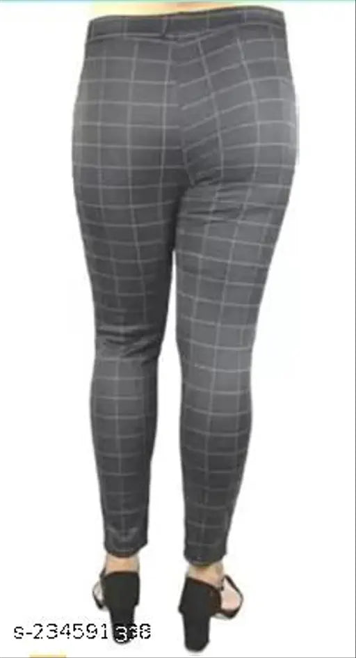 Grey checked lycra jeggings for women, free size/24-34 with stylish slim fit