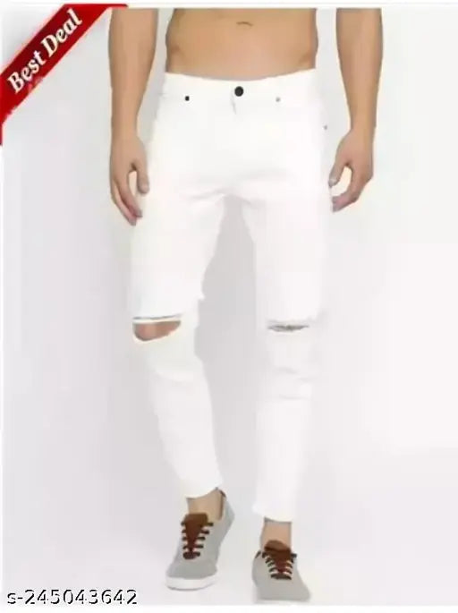 Monk white knee cut jeans, denim solid, men's fashion wear on model