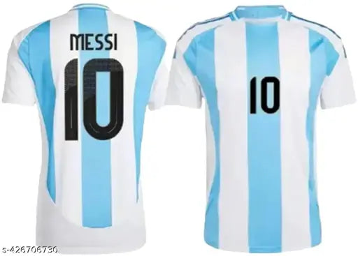 Argentina polyester jersey with Messi print, men's short-sleeved soccer shirt on grass, size L (19in chest, 38in length)