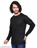 Men's solid round neck dark black polyester t-shirt with long sleeves, perfect for casual wear