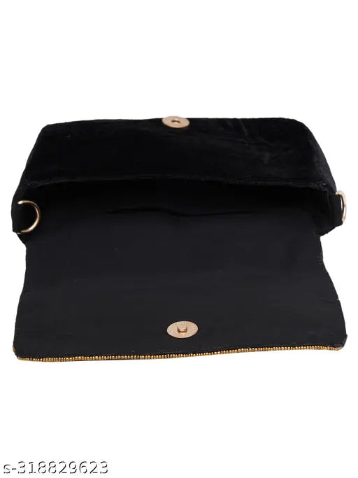 Black embroidered clutch with a floral design, suitable for party wear