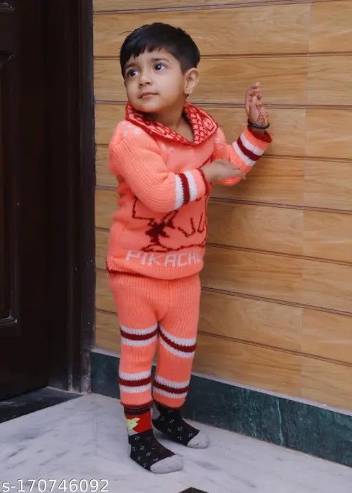 Peach striped knitted hooded sweater with pyjama pant collar, warm winter clothing set for 1-2 years baby girls & boys in woolen/wool fabric