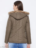 Olive polyester women's parka jacket, quilted with polyfill and detachable faux fur hood, full sleeve, 2 side pockets