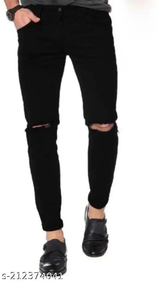 Black polycotton men's knee-cut slim fit jeans with single button fastening, four pockets, and 100% pre-shrunk cotton. High-quality stretchy fabric for comfort and durability. Refer to size chart for measurements