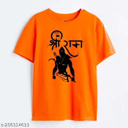 Orange lycra polo style men's round neck t-shirt with half sleeves, Jai Sri Ram print design. Men's regular fit, short sleeve, S-XXXL sizes available. Made in India