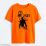 Orange lycra polo style men's round neck t-shirt with half sleeves, Jai Sri Ram print design. Men's regular fit, short sleeve, S-XXXL sizes available. Made in India