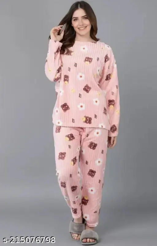 Woolen winter nightwear for women & girls, warm fur-lined pyjamas with printed net pattern, cozy nightsuit in Disney & cartoon designs