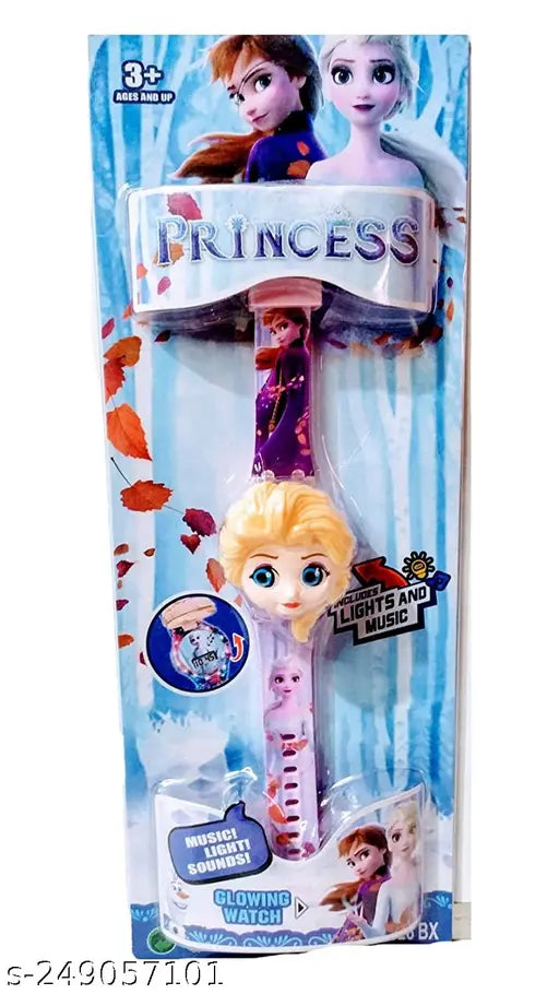 This is a watch designed for girls, featuring themes related to the popular movie "Frozen." It has a blue strap with a princess design and is intended as a birthday gift