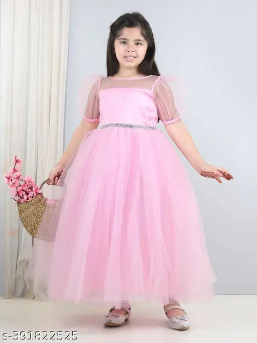 Pink net full-length fit & flared party dress for kids, printed toy balloon design, sizes 5-10 years