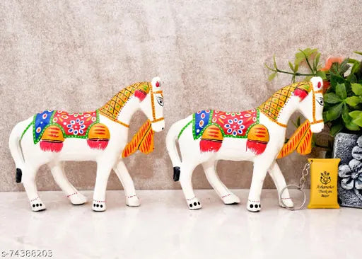 Handmade white Paper Mache horse showpiece set, intricately detailed with multi-color enamel work, perfect for home decor or gift. (14 cm tall, 2 pieces)