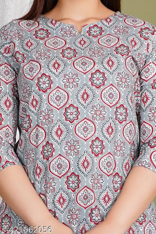 Women's Grey Cotton Printed Night Suit Coord Set, soft and comfortable for casual & festive wear, Indian ethnic design with V-cut round neck and elasticated pants