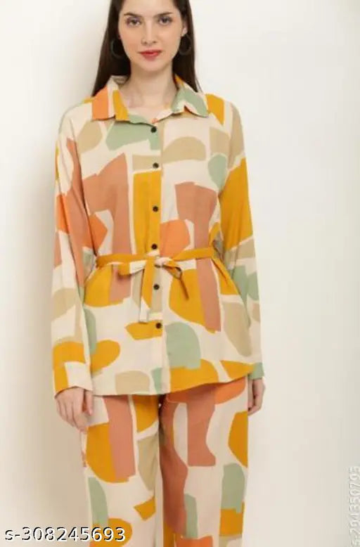 Vibrant Chiko print viscose rayon partywear set with long sleeves. Colorful Indian fashion for women