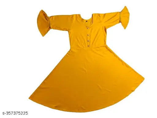 Solid mustard yellow cotton flared kameez dress for women, full-length garment
