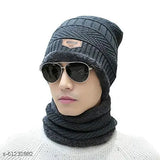 Grey wool unisex knitted beanie cap set with neck warmer - warm head and neck accessory, three pieces