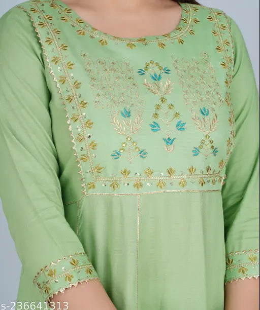Embroidered rayon anarkali kurta for women, three-quarter sleeves, traditional Indian attire on mannequin