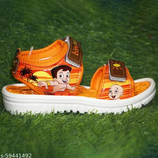 Trendy Kids EVA Sandals in Tan/Orange & Green, PVC sole, velcro fastening - Chhota Bheem patterned sandal for boys and girls ages 2-8 years, India origin