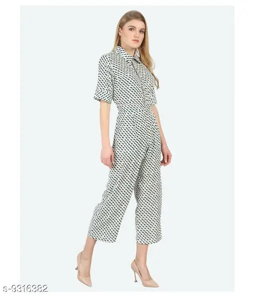 White printed crepe jumsuit for women, short sleeves with Indian origin and intricate patterns. [White Printed Crepe Jumpsuit]
