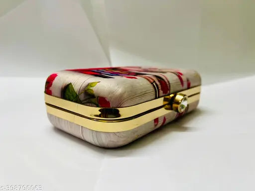 Women's party clutch purse, red and blue paisley pattern, metallic zip closure