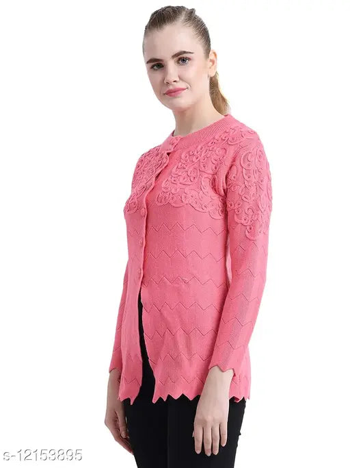 Matelco pink wool embroidered round neck sweater with long sleeves, intricate net pattern for women's fashion, made in India (S/M: Bust 38in, Length 27in; L: Bust 40in, Length 30in)