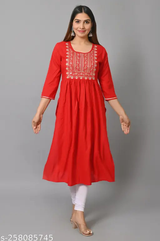 Red rayon naira cut kurti with embroidery