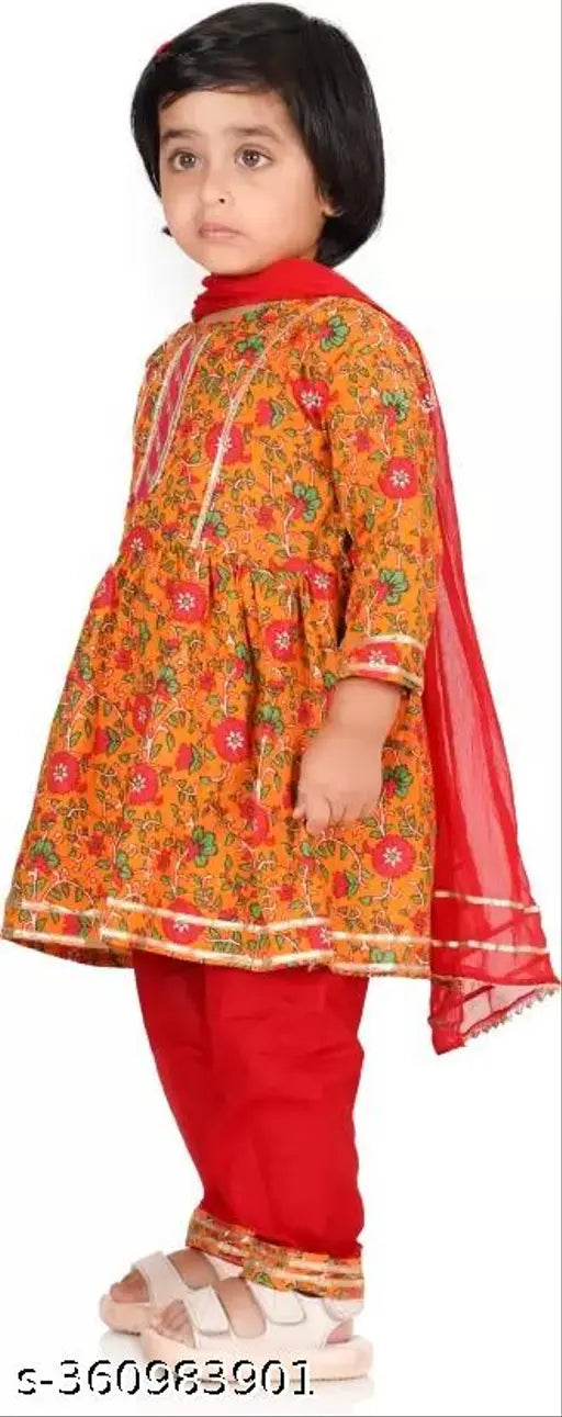 Girls festive party rayon kurta and dupatta set, vibrant printed A-line top with palazzos and embellishments, perfect for kids' occasions