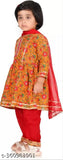 Girls festive party rayon kurta and dupatta set, vibrant printed A-line top with palazzos and embellishments, perfect for kids' occasions