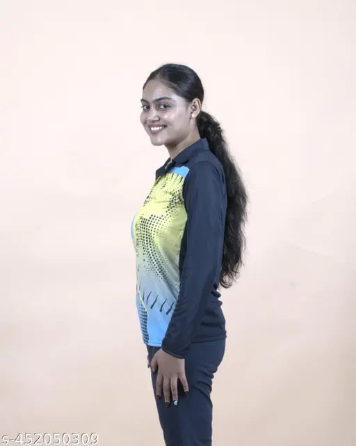 Yellow microfiber printed full sleeve sports cricket t-shirt for women, ideal for active play on the field