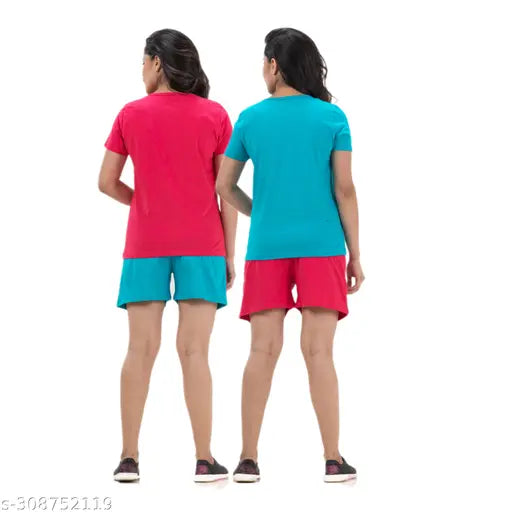 Women's & Girls Cotton Blended Shorts Set (2pcs) - Solid, breathable, stretchable, mid-rise tops and shorts for daily wear, workouts, or special occasions. Colors may vary due to camera settings. Made in India