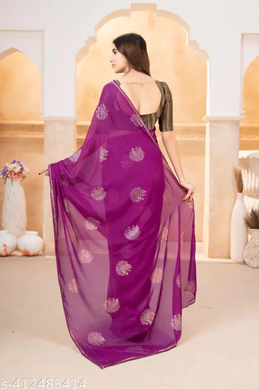Purple saree with floral design, pallu, border