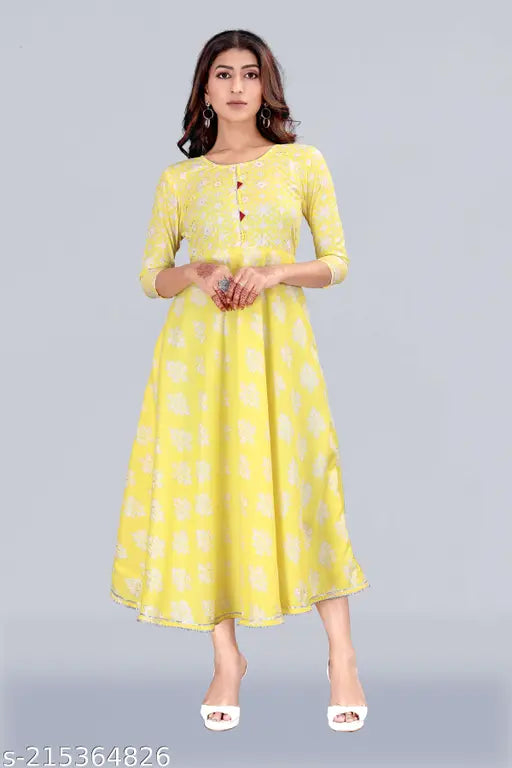 Yellow cotton round neck double slub print flared kameez