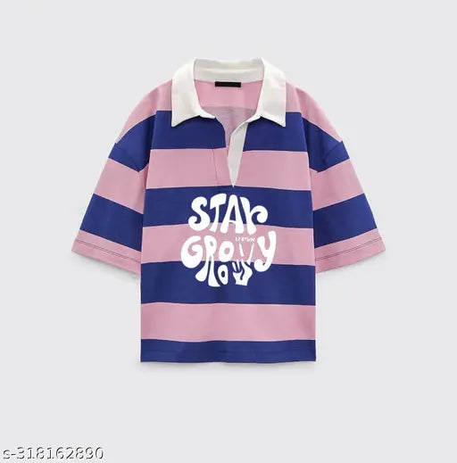 Cotton blend printed crop polo t-shirt, vibrant stripes and Stay Groovy print, women's short sleeves
