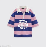 Cotton blend printed crop polo t-shirt, vibrant stripes and Stay Groovy print, women's short sleeves