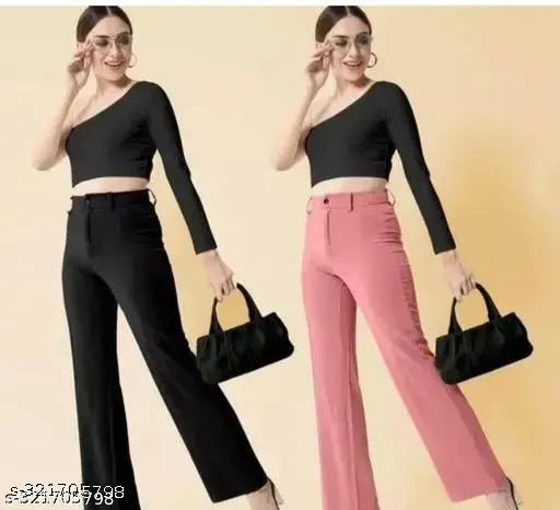 Pink high-waisted cropped trousers, slim fit, casual wear
