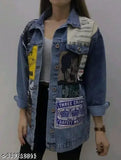 Blue denim long sleeve printed casual jacket from RKK COLLECTIONS, perfect for women's wardrobe