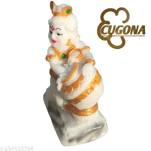 Marble White Makhan Chor Krishna Idol Statue: Decorative figurine for pooja room or home, ideal for gift-giving, high-quality polyresin crafted