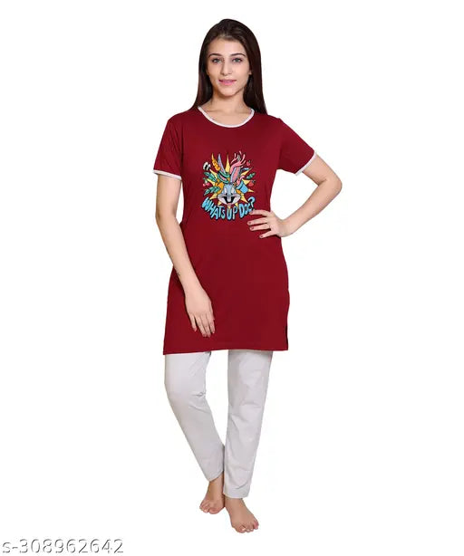 AZF women's and girls cotton blend nightsuits, round neck printed, soft, breathable - leading brand, stylish comfort for a good sleep, India origin