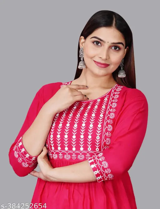 Rayon embroidered kurti with three-quarter sleeves, casual Indian fashion for women, size S (36in bust)