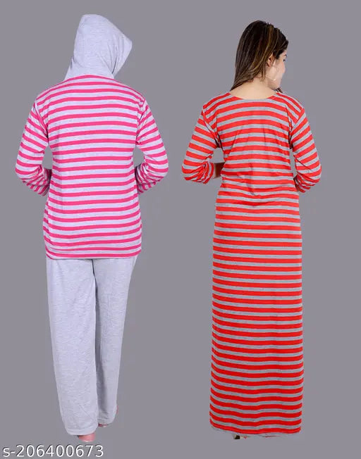 Trendy women's woolen nightsuit & nightdress combo (2-pack), warm full sleeves, kangaroo pocket & attached hood. Wool fabric. Suitable for winter wear. Available in various colors