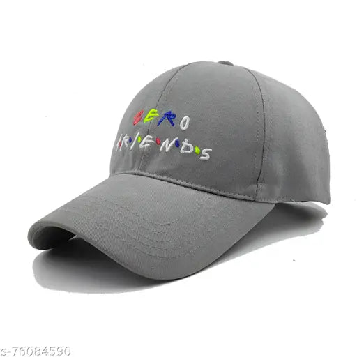 Grey cotton baseball cap with embroidered 'ZERO FRIENDS' pattern, size XL, Made in India