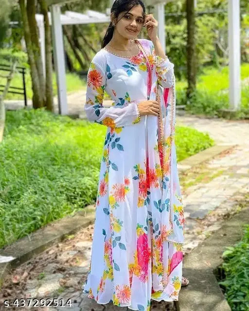 Peary printed georgette gown with printed dupatta, long-sleeved Indian wedding dress on mannequin